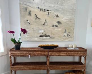 Original Painting, Karen Bezuidenhout "Big Beach", 2019 / Custom Rattan Console Table 80" w/ Drawers