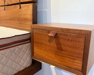 Pair, Custom Boyd & Allister Solid Walnut Floating Nightstands w/ Custom Leather Pull