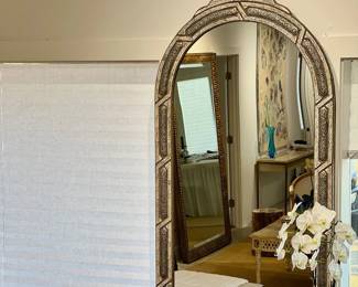 Vintage Moroccan Cathedral Arch Mirror, Bone & Silver Inlay 59 1/2" x 36