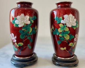 Vintage Red Cloisonne Vases, Japan 1960s (pair) Silver