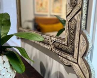 Vintage Moroccan Cathedral Arch Mirror, Bone & Silver Inlay, 59 1/2" x 36