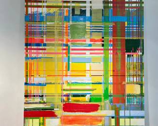 Stanley Boydston "Rincon Low Tide", 2022 (blue and yellow colorway). 48x60, Mixed Media - acrylic, tape and cloth on canvas, on a wood cradle.