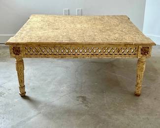 Rustic Painted Wood Coffee Table, 47" square, epic patina, carved detail