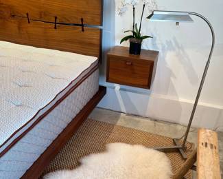 Custom Boyd & Allister Walnut Live Edge Bed / Custom Boyd & Allister Walnut Floating Nightstands / Duxiana 1001 Mattress & Pad (1 of2) / Pair, Vintage Casella Floor Lamps, Sheepskin Rug (1 of 2), Antique Skinny Elmwood Bench