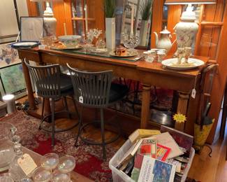 Neo classical burl walnut mirrored bar (height=38.5” length=84” depth=24”) $1575 + tax