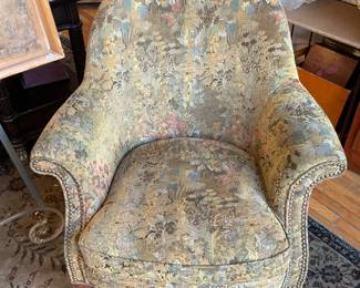 vintage jacquard tapestry barrel back club chair $175 + tax