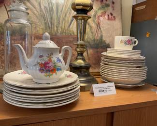 Vintage floral teacup, tea pot, saucer, and dinner plate set. - $70 + tax