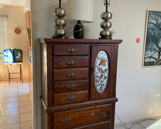 antique cabinet, table lamps