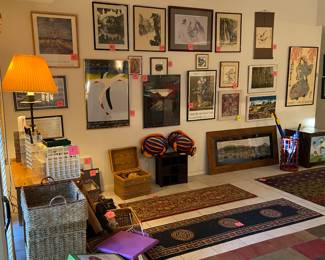 area rugs, original artwork, lithographs, prints, pictures, small cabinets, baskets, table lamp