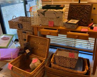 baskets, wood desk, home decor