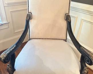 Set of 2 King Chairs. Stunning detail. upholstered in White linen fabric
