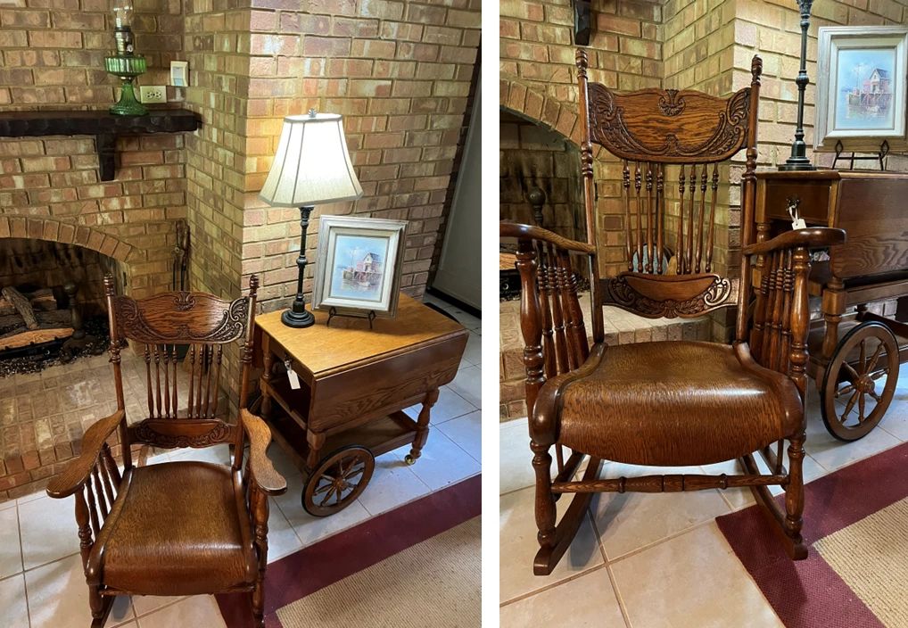 Wooden Rocker, rolling cart, green oil lamp, artwork