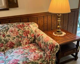 2 seater sofa, end table and brass lamp