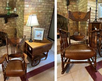 Wooden Rocker, rolling cart, green oil lamp, artwork