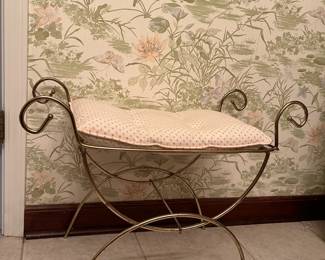 vintage Hollywood Regency- style curule vanity stool with floral upholstered cushion