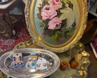 vintage oil painting, silver serving trays