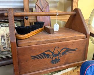 vintage wooden shoe shine valet box with footrest on top for polishing shoes with eagle design 