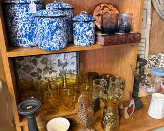 blue and white canisters, candlesticks, amber colored glassware, perfect for the holidays