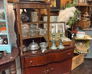 antique furniture, candlesticks, silver plate serving items