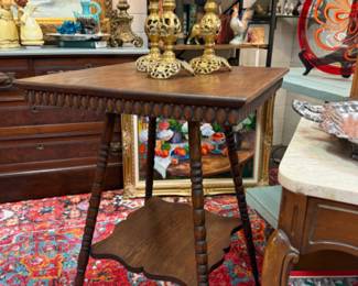 antique small side table, candlesticks, 