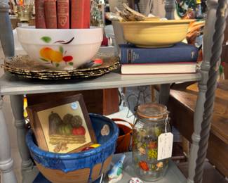 blue drip pottery bowl, vintage trivia, FireKing bowl, vintage books canisters