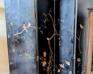 Chinese two-sided hand painted four fold wooden screen