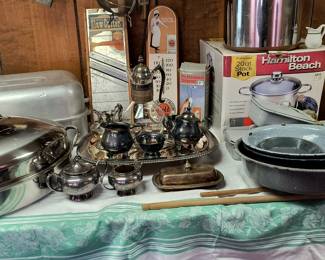 Roaster pan,  granite bowls, stock pot