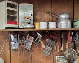 Antique child's refrigerator, misc antique utensils