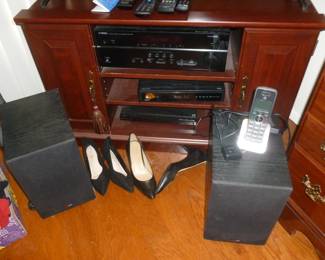 TV stand, Polk Audio speakers, Yamaha receiver