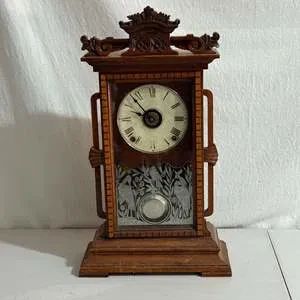Ornate Antique Mantel Clock with Roman Numerals and Floral Etched Glass