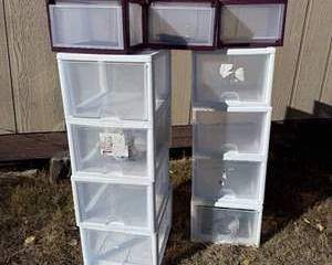Plastic Storage Drawers with White and Burgundy Frames, Multiple Stackable Units