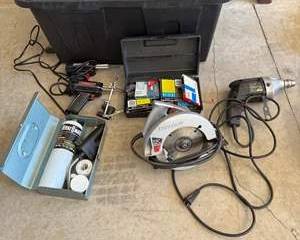 Skilsaw 7.25" Circular Saw, Black 3/8" Drill VSR, Tool Box with Staples and Expandable Foam Sealant Kit