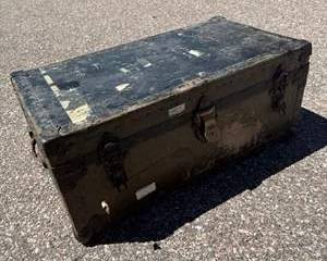 Vintage Black Metal Storage Trunk with Interior Compartments and Leather Handle