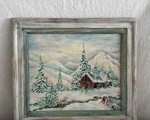 Vintage Landscape Oil Painting with Snowy Cabin and Evergreen Trees