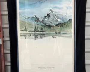 Michael Atkinson Mountain Landscape Watercolor with Lake Reflection and Trees