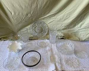 Vintage Clear Cut Glass and Crystal Pitcher, Bowls, Plates, and Serving Dishes Set