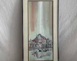 Signed Watercolor Artwork of Coastal Scene with Boats and Structures by Richardson