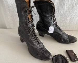 Antique Black Leather Lace-Up Victorian Style Boots with Leather Coin Purse and Key Holder