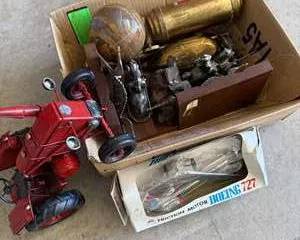 Vintage Red Toy Tractor, Friction Motor Boeing 727 Model, Brass Fire Extinguisher, Metal Frog Sculpture, Wooden Bookend with Knight on Horse Figure, Brass Duck Figurine