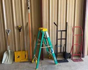 Werner 4-Foot Green and Yellow Step Ladder with Black and Red Hand Trucks and Garden Tools Set