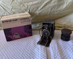 Vintage Pana-Vue Automatic R 2x2 Slide Viewer with Antique Bellows Camera and Film Canisters