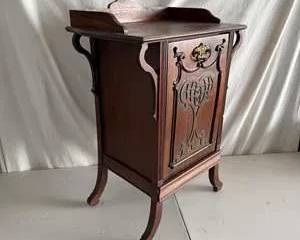 Antique Wooden Office Trash Bin Cabinet with Carved Door and Ornate Brass Handle