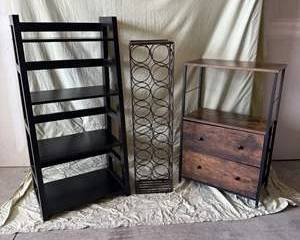 Black Wood Ladder Shelf, Metal Wine Bottle Rack, Rustic Wood and Metal Storage Cabinet with Drawers