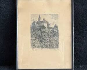 Vintage Black and White Etching of Castle with Trees Signed Print Framed Art