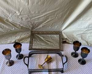 Set of Vintage Ornate Silver and Gold Tone Goblets with Decorative Tray and Frame