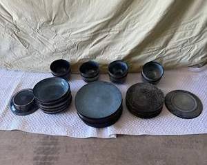 Rustic Stoneware Dinnerware Set Blue and Black Speckled Ceramic Plates and Bowls