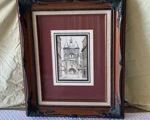 Bordeaux Grosse Cloche Vintage Architectural Print in Ornate Wood and Metal Frame by Signed by Yves Ducourtioux 1983