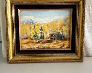 Framed Autumn Landscape Oil Painting with Rustic Cabin and Vibrant Trees by Bock