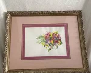 Framed Floral Watercolor Artwork with Ornate Gold Frame
