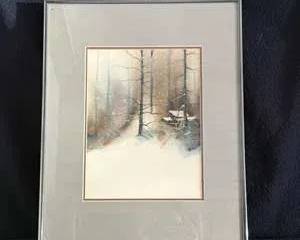 Framed Watercolor Landscape with Cabin, Signed Art Print